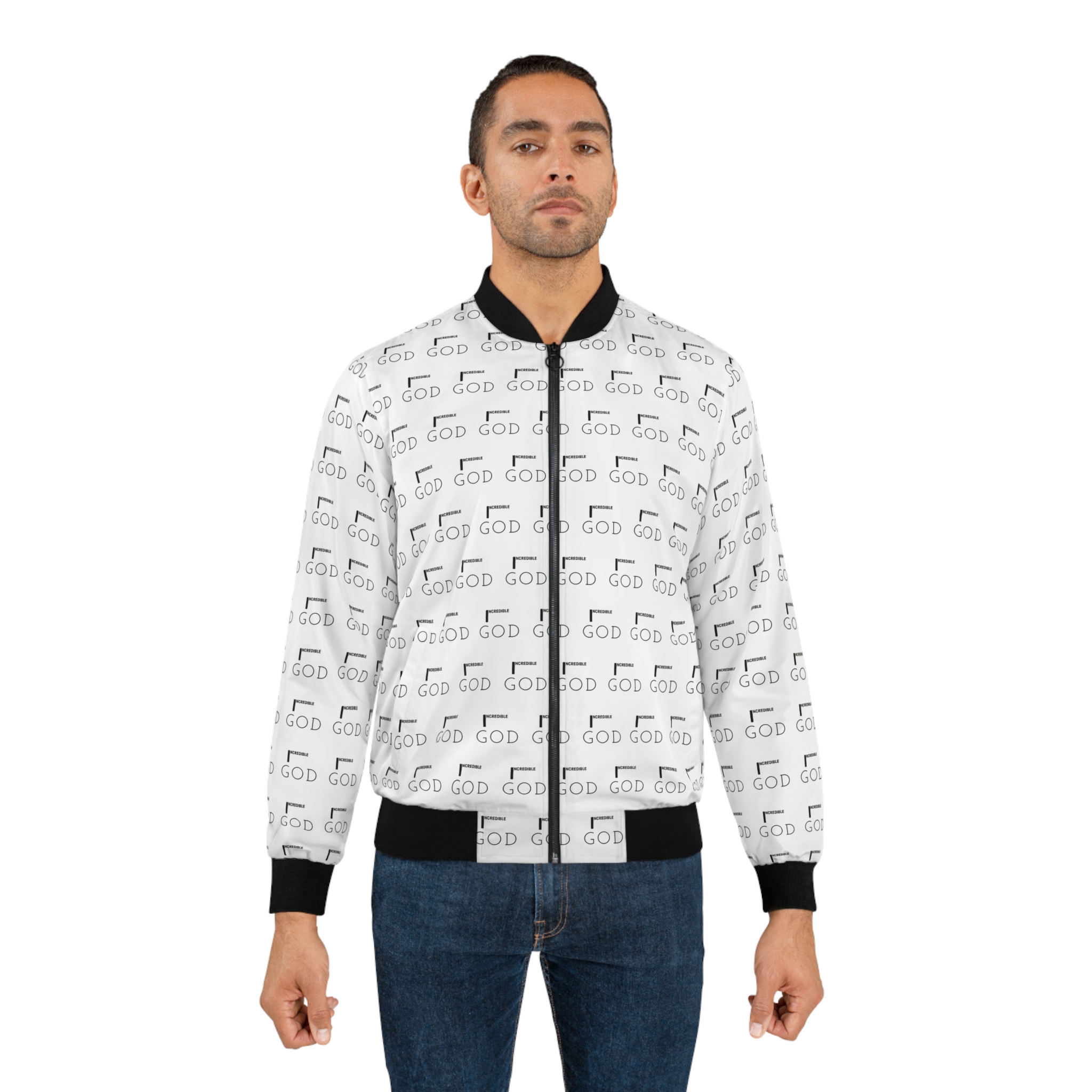 God Repeat Bomber Jacket — White All-Over Print Religious Statement Jacket - Image 4