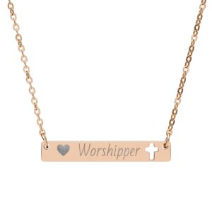 Engraved Cutout Cross Bar Necklace – "Worshiper" Christian Jewelry