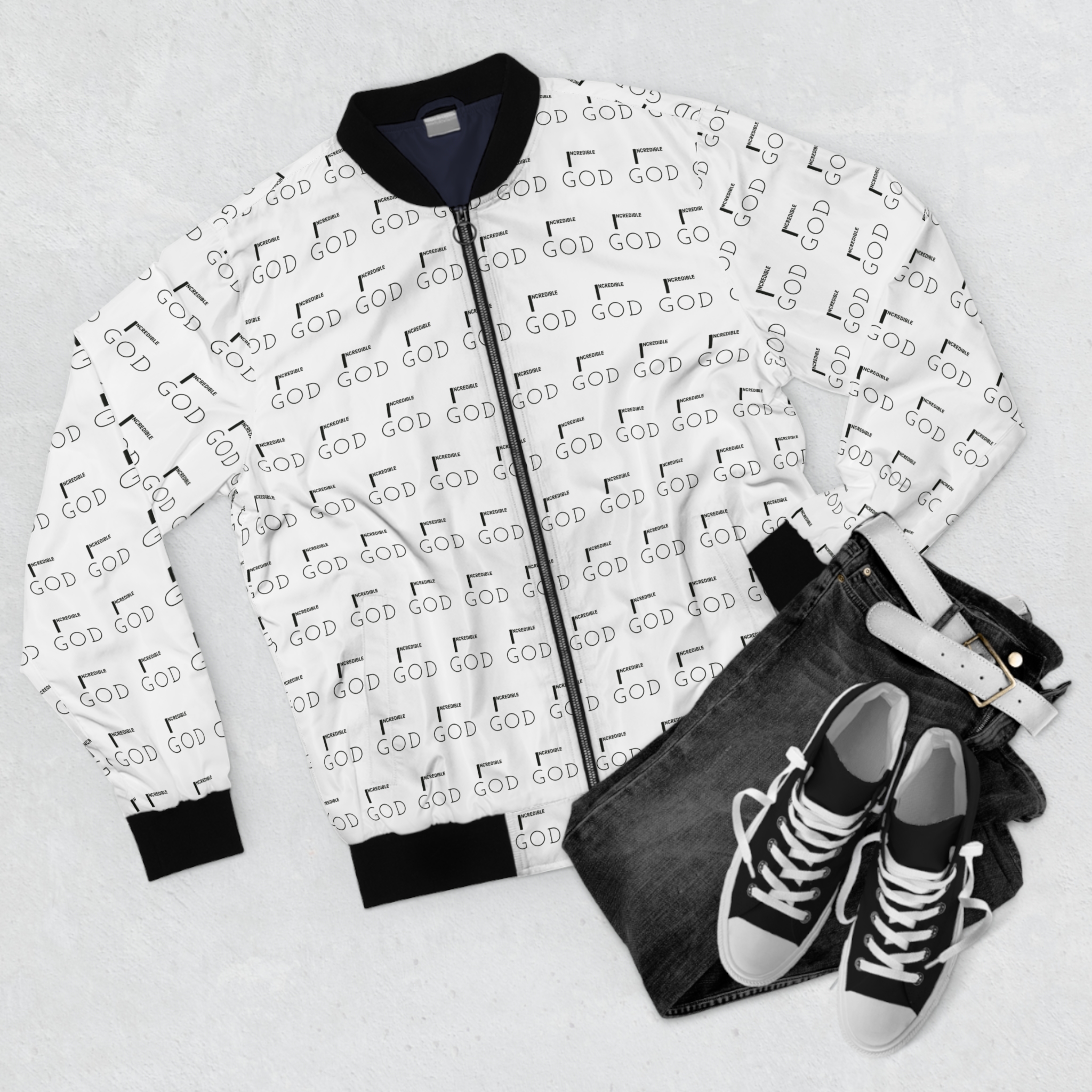 God Repeat Bomber Jacket — White All-Over Print Religious Statement Jacket - Image 5