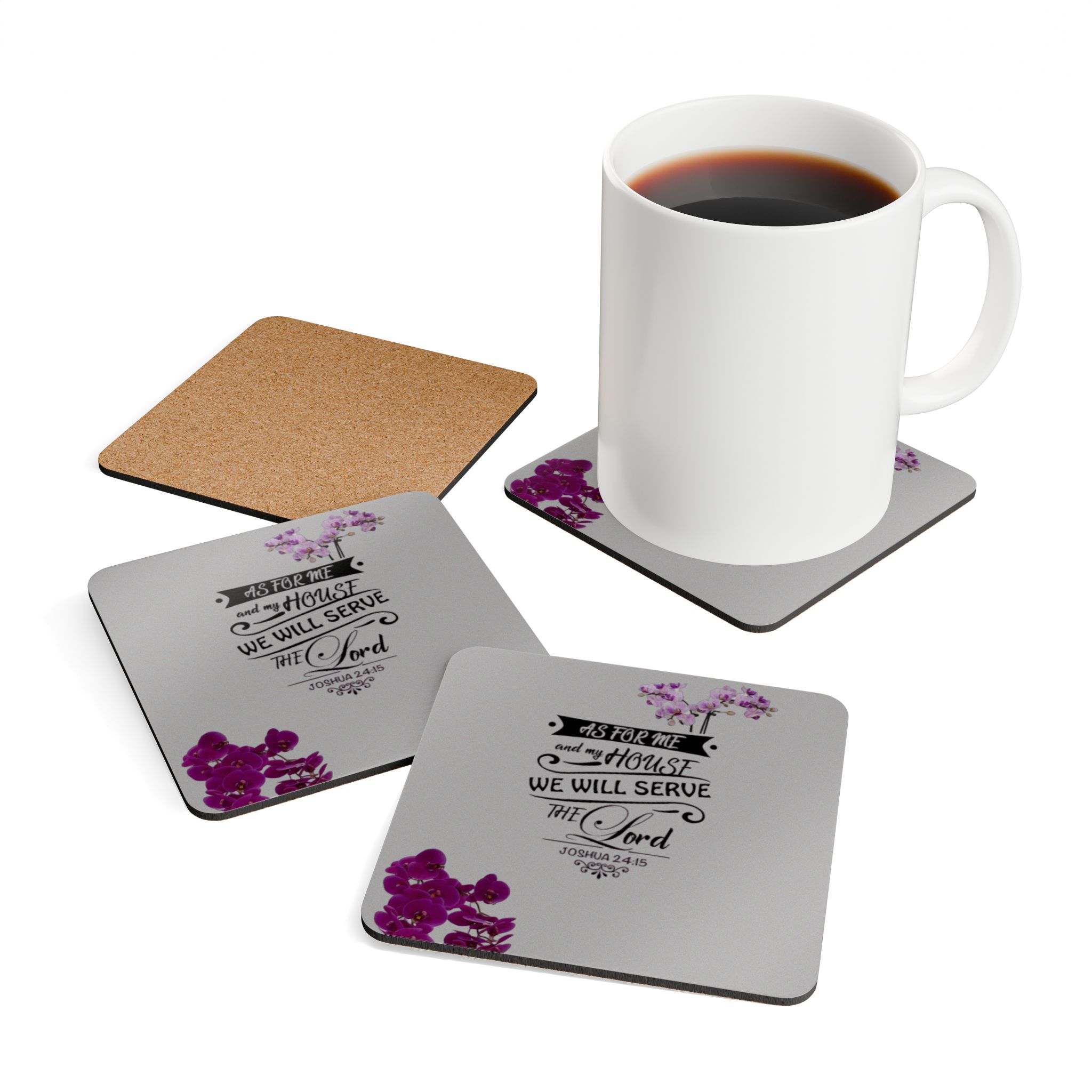 Religious Cork Coaster Set — “As For Me and My House We Will Serve the Lord” (Joshua 24:15) with Orchid Accent - Image 4