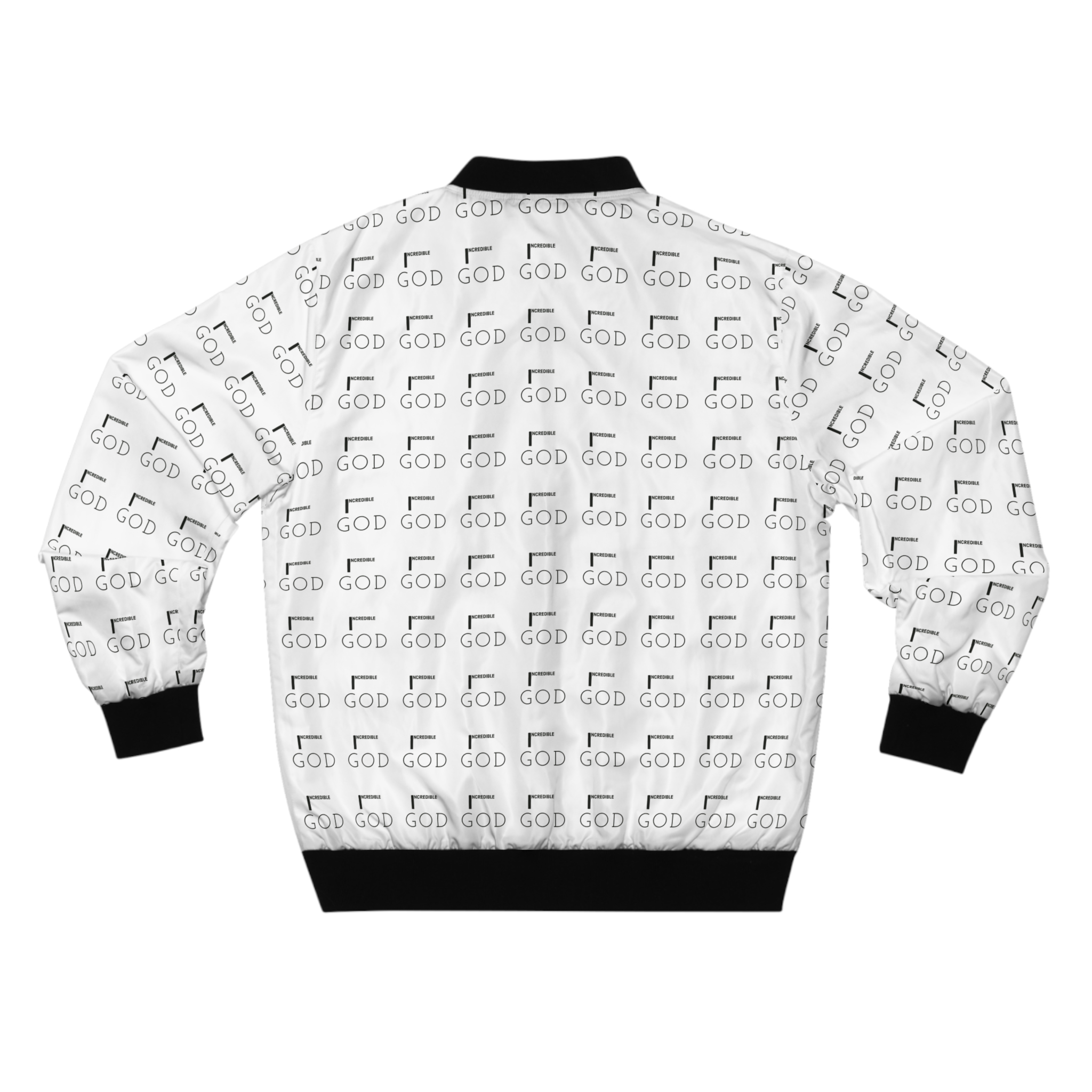 God Repeat Bomber Jacket — White All-Over Print Religious Statement Jacket - Image 3