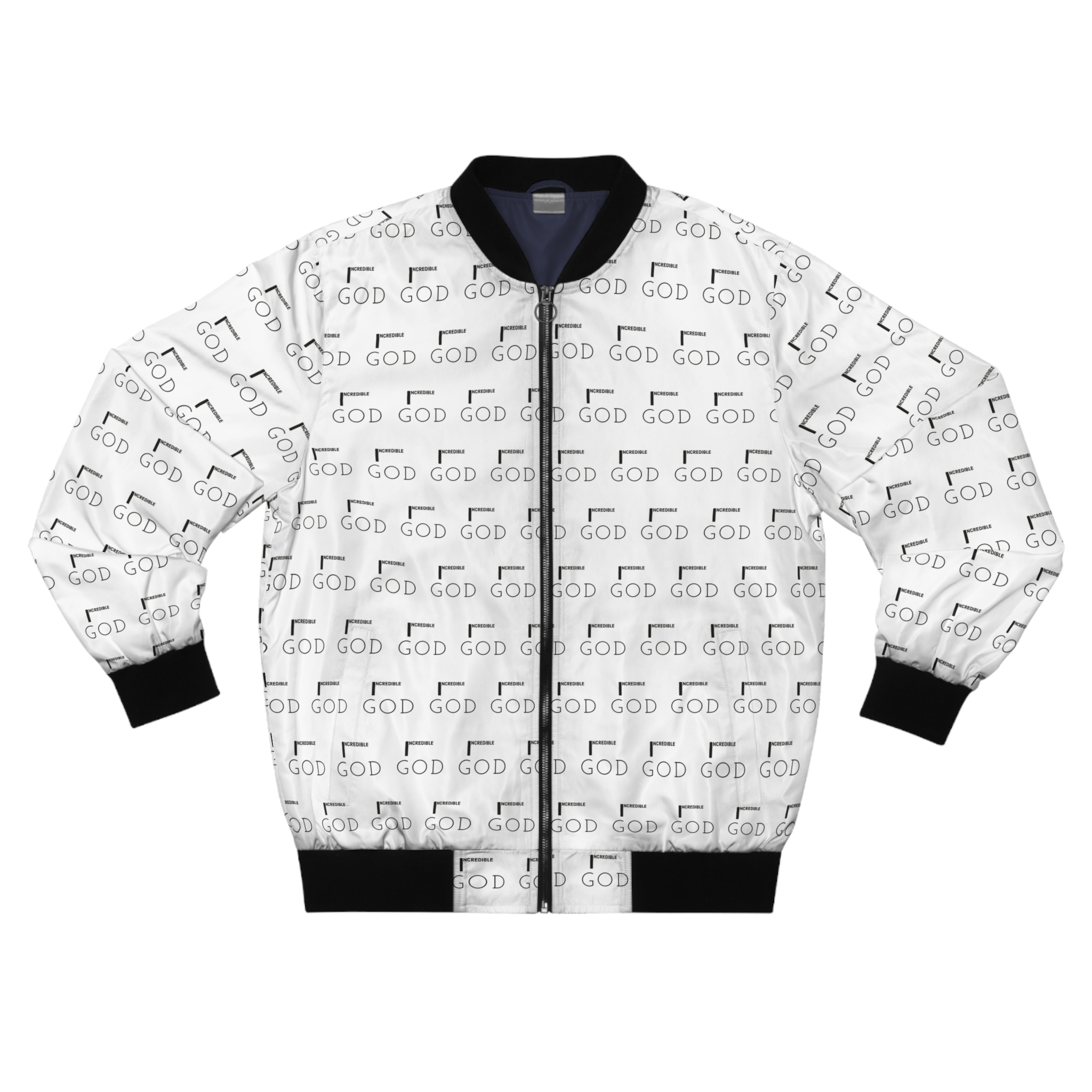 God Repeat Bomber Jacket — White All-Over Print Religious Statement Jacket - Image 2