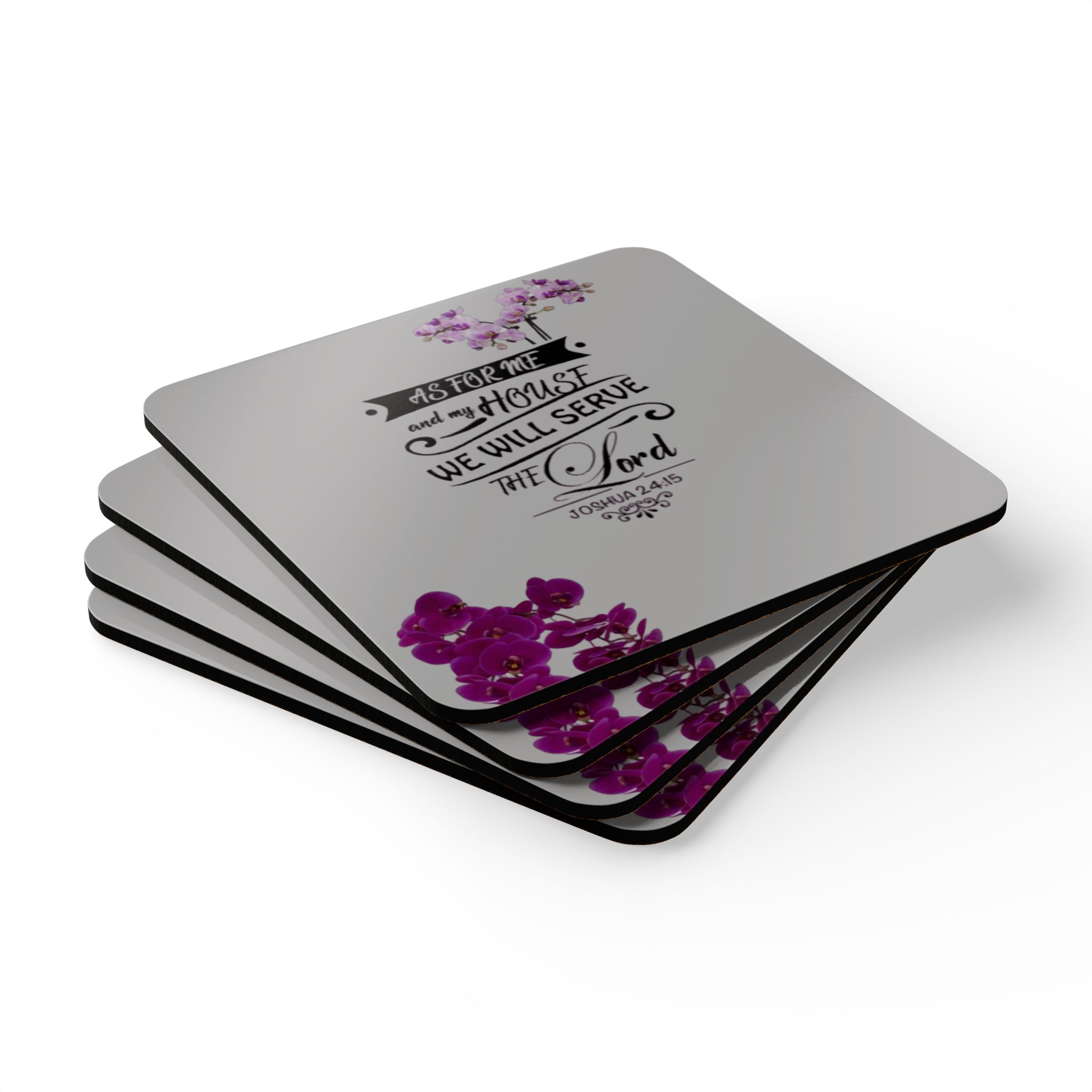 Religious Cork Coaster Set — “As For Me and My House We Will Serve the Lord” (Joshua 24:15) with Orchid Accent - Image 3