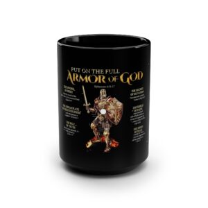Armor of God Christian Coffee Mug — 15oz Black Inspirational Scripture Design (Ephesians 6:11)