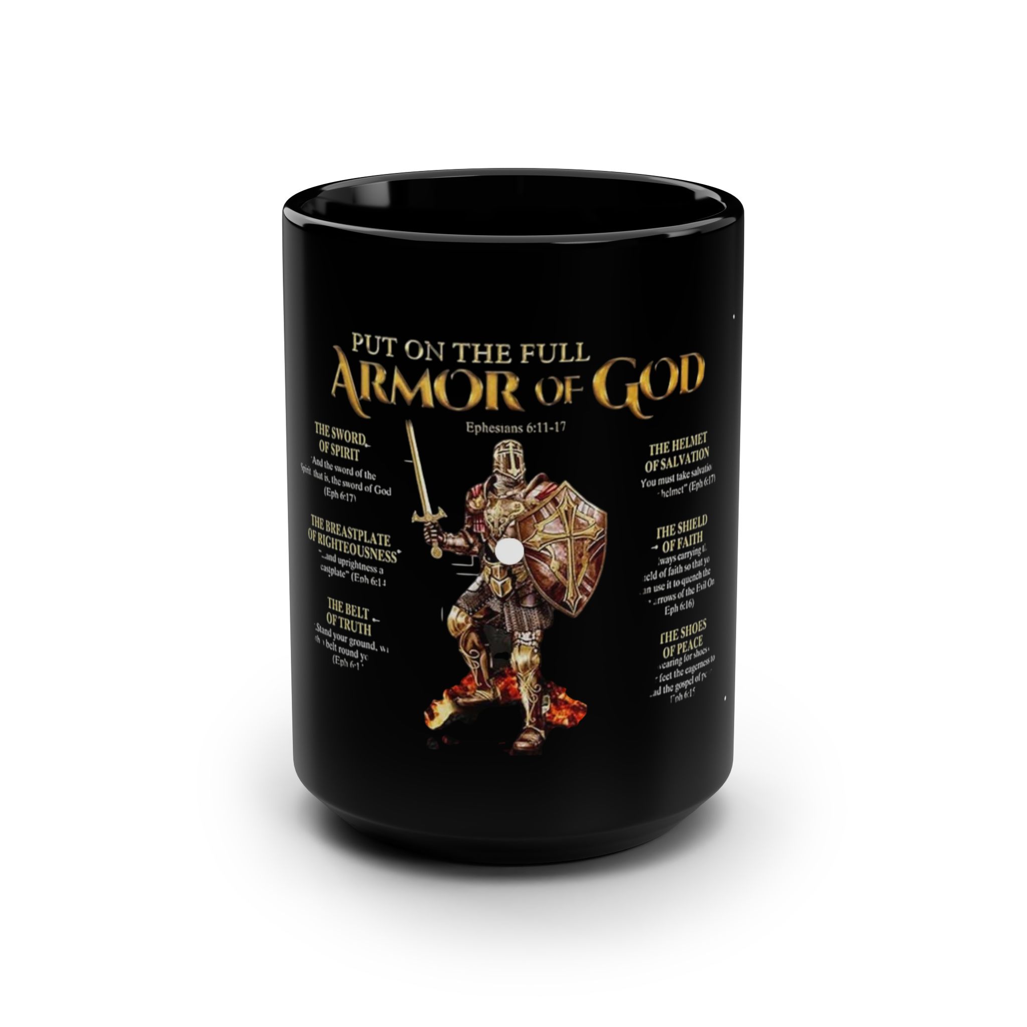 Armor of God Christian Coffee Mug — 15oz Black Inspirational Scripture Design (Ephesians 6:11)