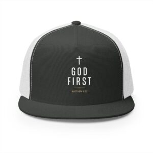 God First Trucker Hat — Matthew 6:33 Christian Mesh Cap