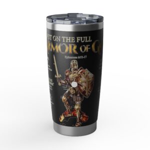Armor of God 20oz Travel Tumbler — Christian Knight Scripture Design (Ephesians 6:11-17)