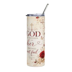 20oz Inspirational Stainless Tumbler — “God is Within Her” Floral Faith Travel Cup