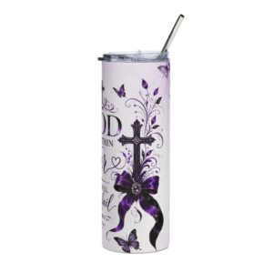 20oz Stainless Tumbler - "God is Within Her" Purple Cross Butterfly Inspirational Travel Cup
