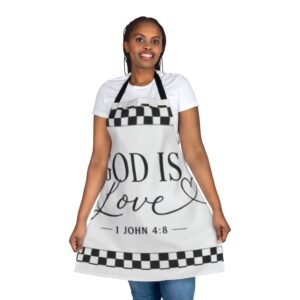God Is Love Apron — 1 John 4:8 Christian Kitchen Apron with Checker Trim