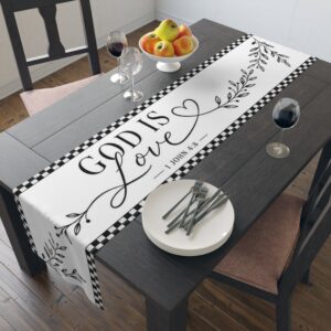 God is Love Table Runner – Black & White Checker Border with Floral Vine Design