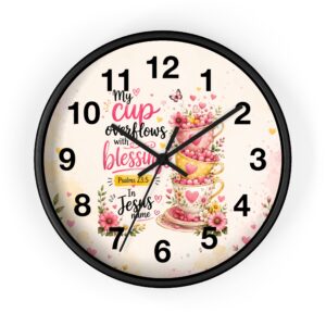 Wall Clock — "My Cup Overflows with Blessings" Floral Christian Scripture Clock (Psalms 23:5)
