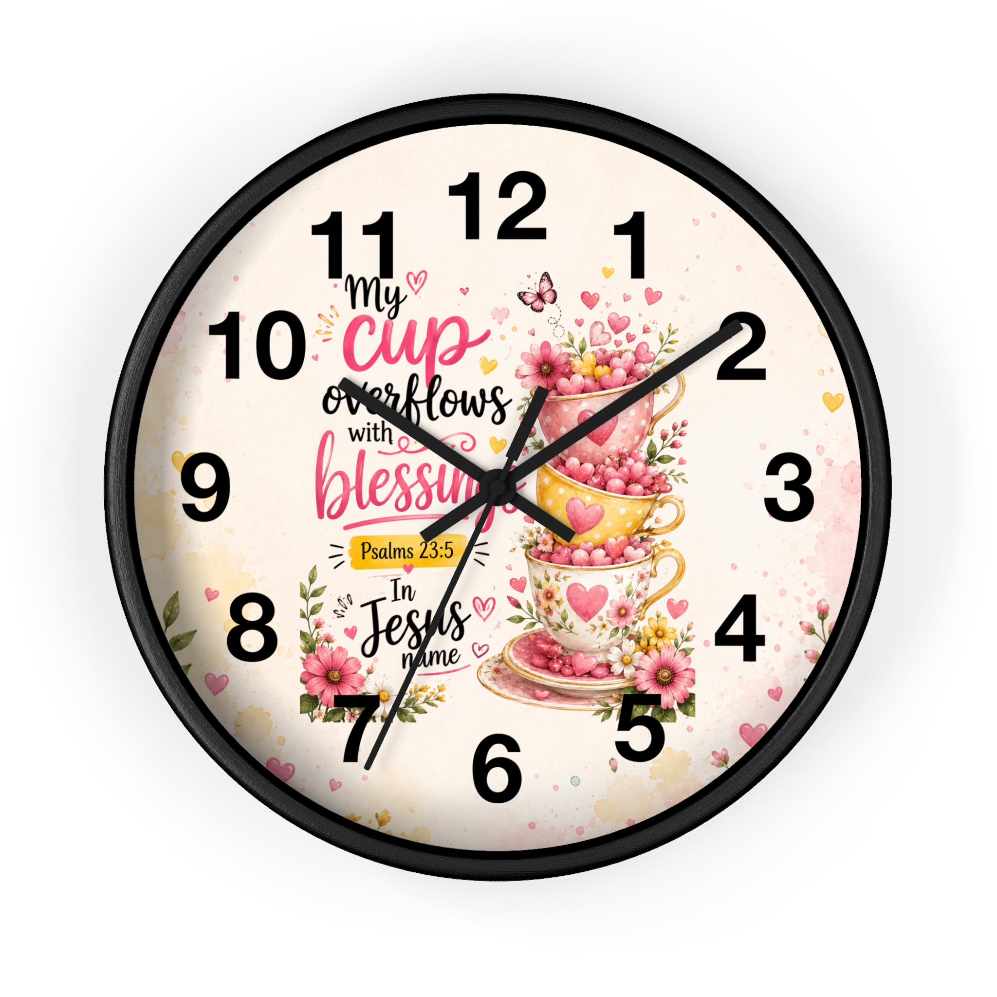 Wall Clock — "My Cup Overflows with Blessings" Floral Christian Scripture Clock (Psalms 23:5)