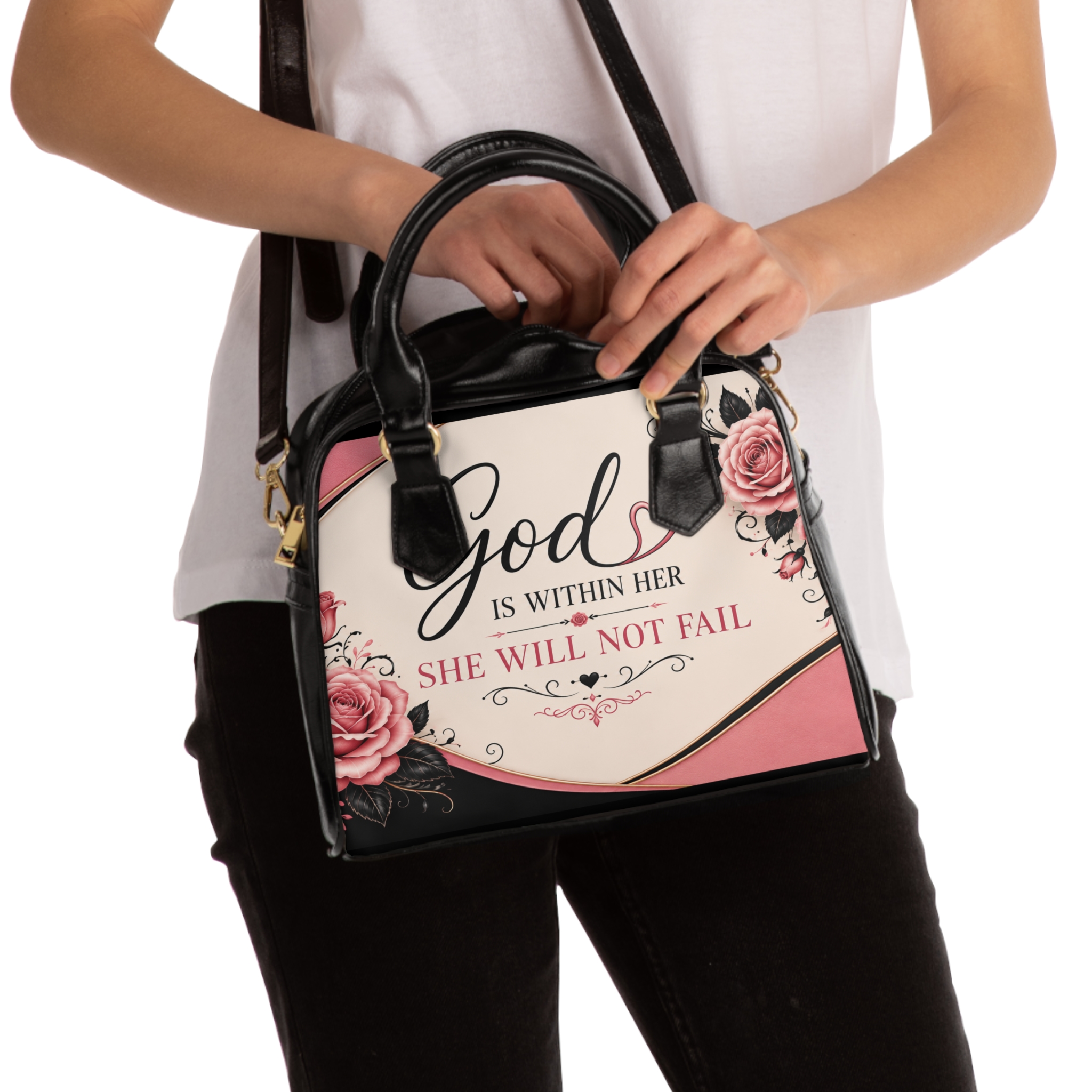 Shoulder Handbag — 'God Is Within Her, She Will Not Fail' Floral Cross Inspirational Purse - Image 4
