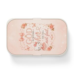 Hello Kitty Floral Bento Lunch Box — "God Is Within Her, She Will Not Fail" Inspirational Kids Lunchbox