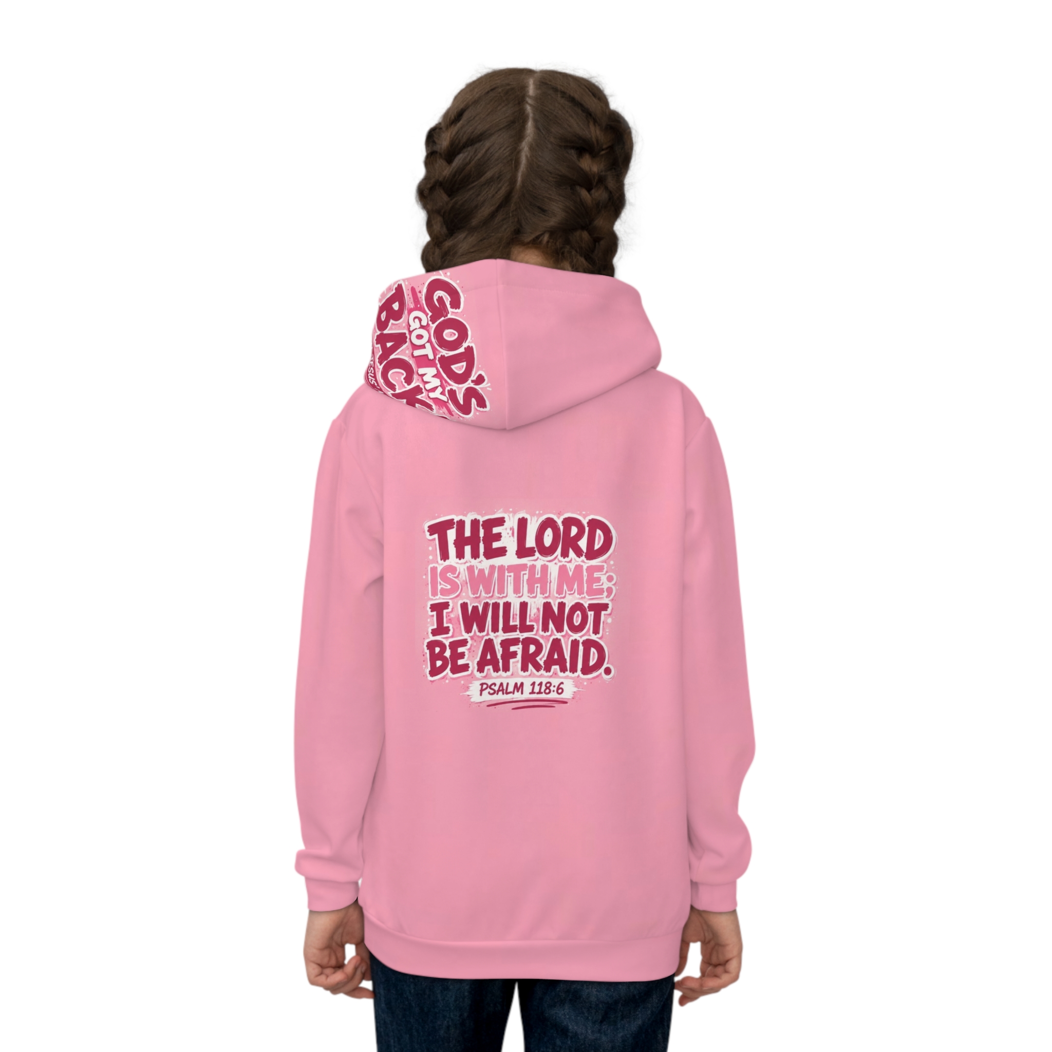 Kids Hoodie — "God's Got Me" Pink Faith Hoodie with Psalm 118:6 Back Design - Image 4