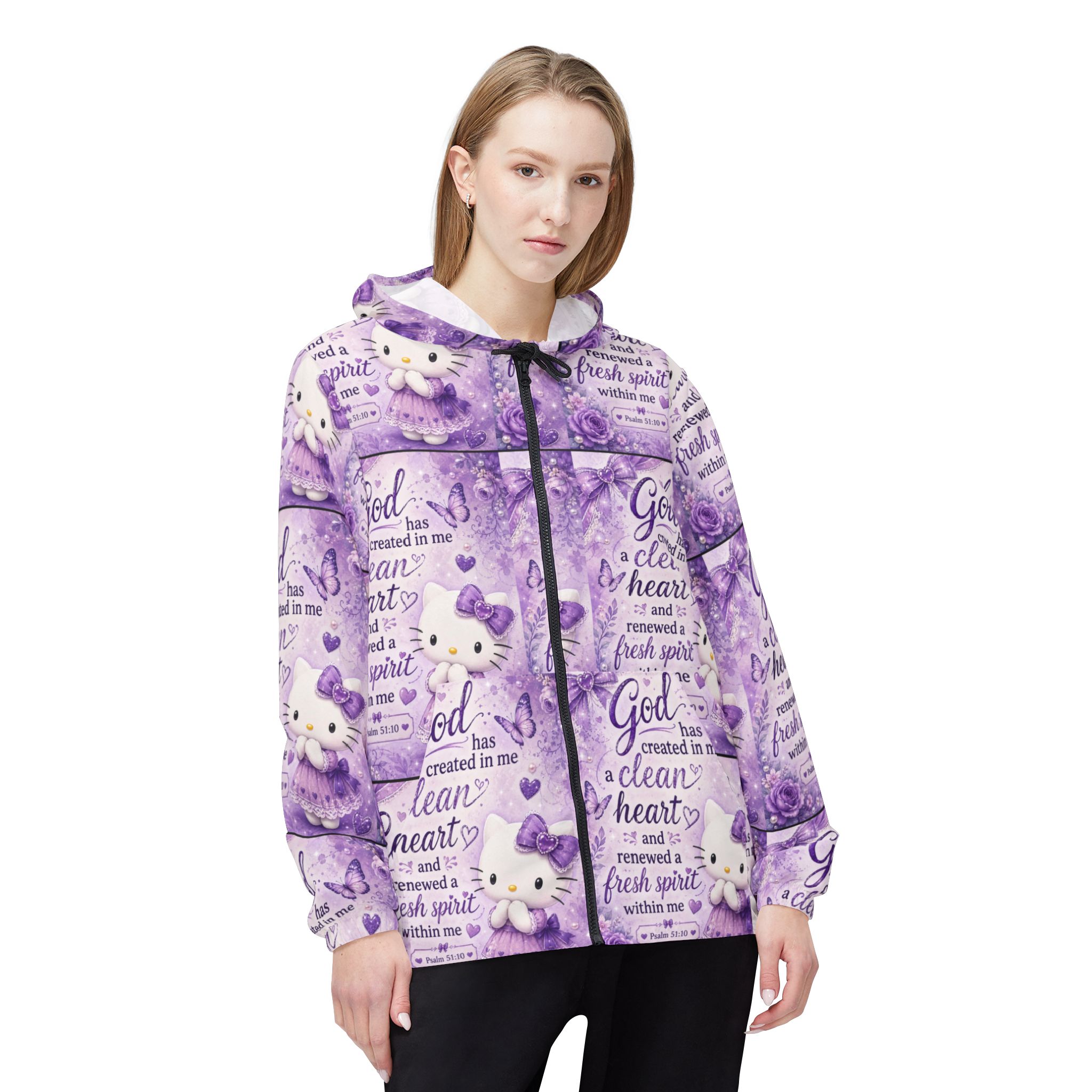 Purple Christian Windbreaker Jacket — "God created in me a clean heart" All-Over Print - Image 3