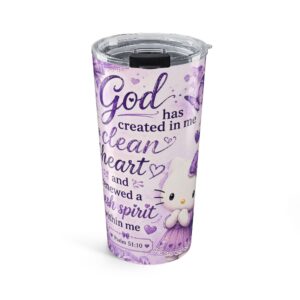 Faithful Kitty 20oz Tumbler — "God has created in me a clean heart" Christian Floral Travel Mug