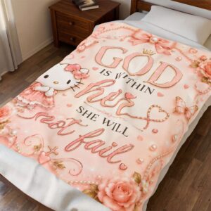 Pink Hello Kitty Velvet Throw Blanket — Faith-Inspired Floral Roses & Bows Plush Throw