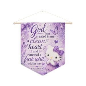 Hello Kitty Psalm 51:10 Purple Pennant — Christian Kids Wall Banner