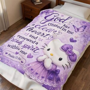 Velveteen Plush Blanket — "God has created in me a clean heart" Purple Hello Kitty Prayer Throw