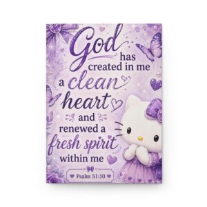 Hello Kitty Psalm 51:10 Hardcover Journal — "God has created in me a clean heart" Purple Faith Notebook