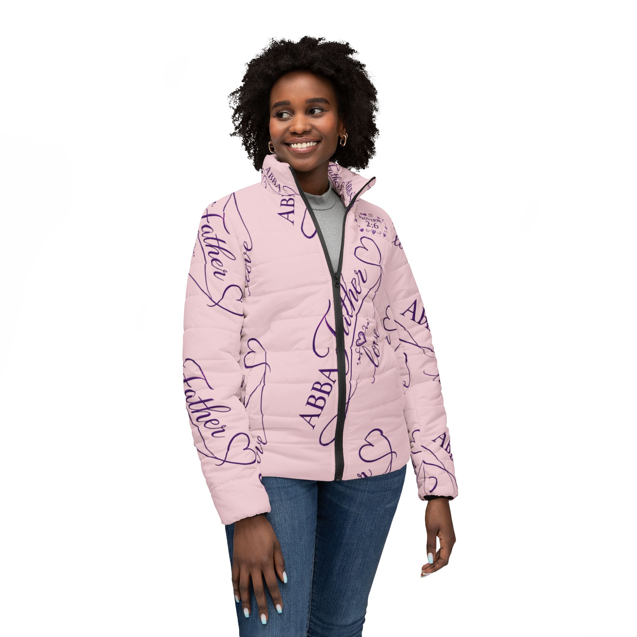 Pink ABBA Father Women’s Puffer Jacket — ’ Heart Design - Image 3