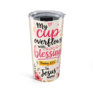 20oz Faith Tumbler — 'Blessings Overflow' Floral Christian Travel Mug