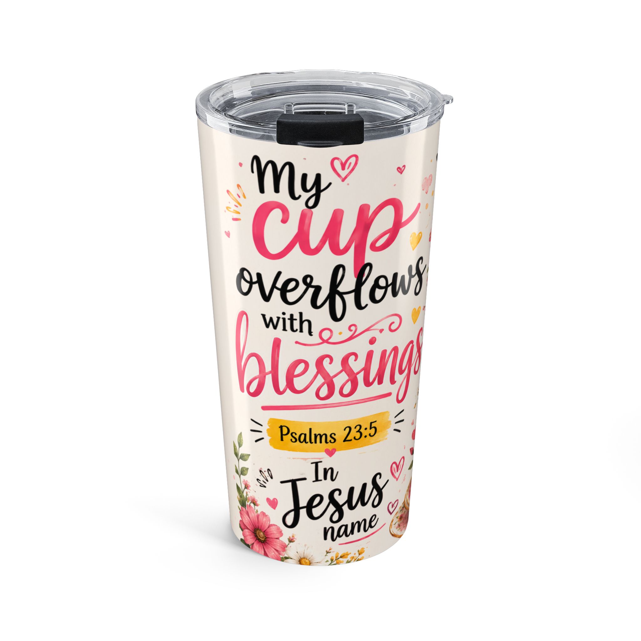 20oz Faith Tumbler — 'Blessings Overflow' Floral Christian Travel Mug
