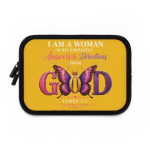 Christian Butterfly Laptop Sleeve — "I Am a Woman Who Employs Answers & Directions From God" (James 1:5)