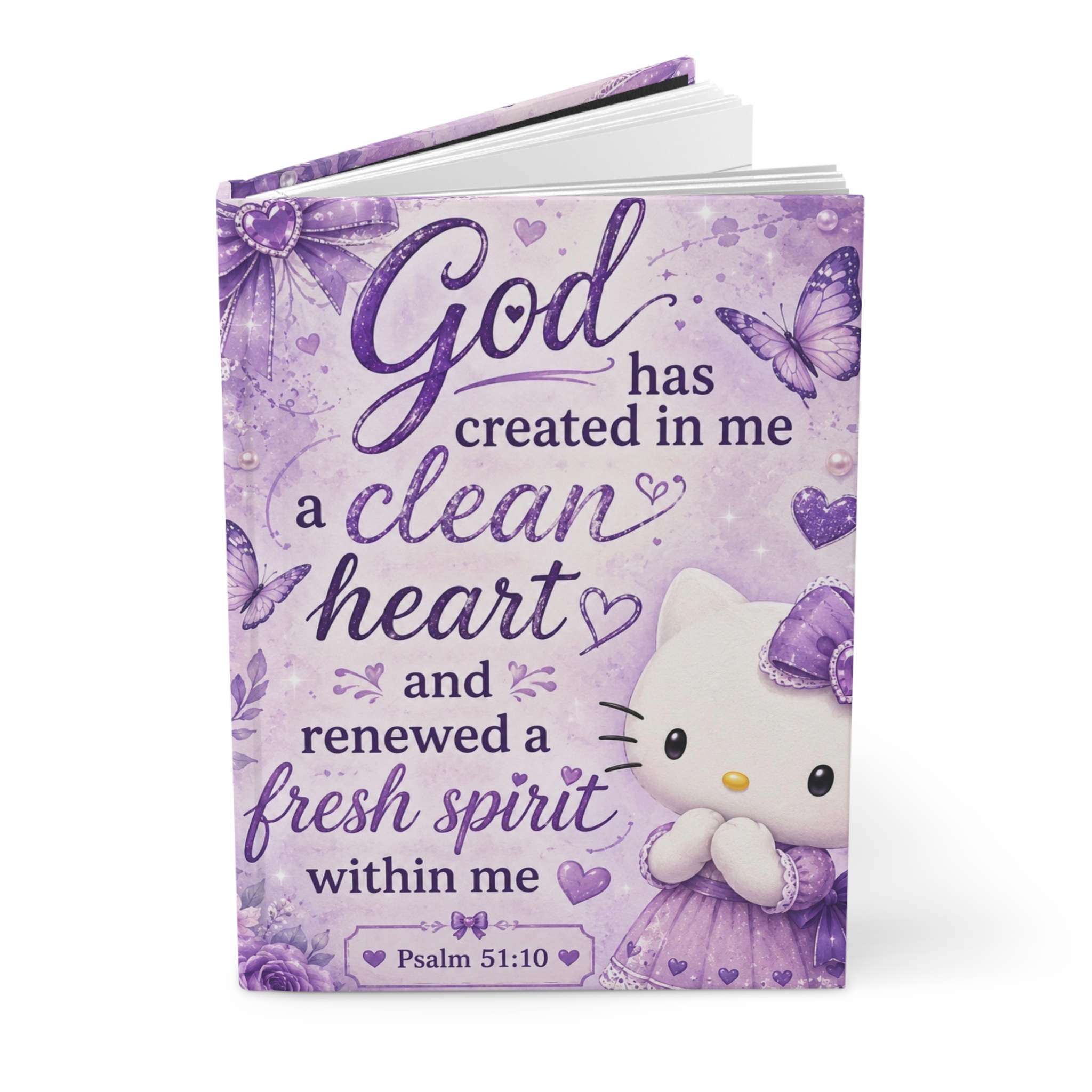 Hello Kitty Psalm 51:10 Hardcover Journal — "God has created in me a clean heart" Purple Faith Notebook - Image 3