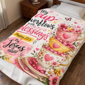 Velveteen Blanket — "My Cup Overflows with Blessings" Christian Throw (Psalms 23:5)