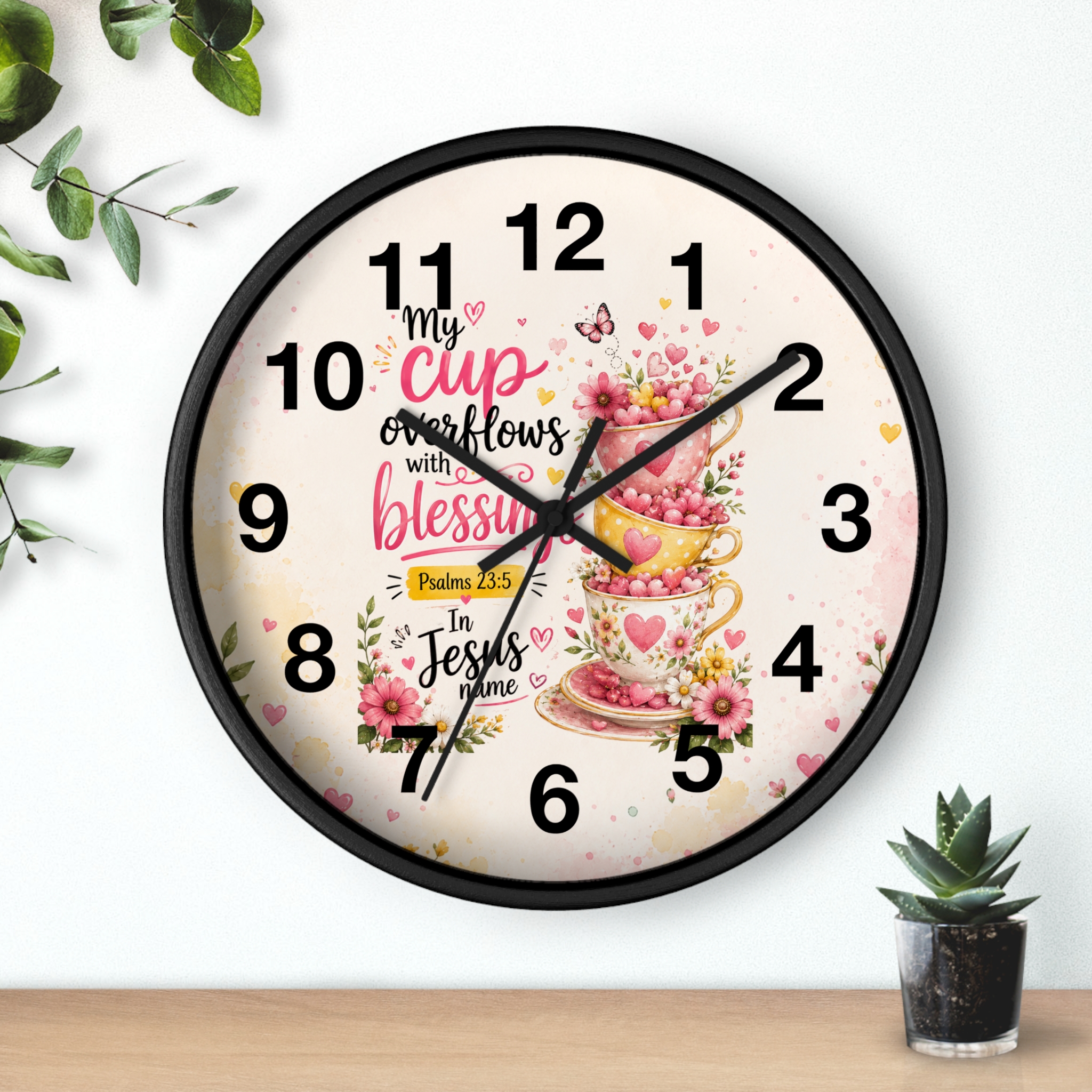 Wall Clock — "My Cup Overflows with Blessings" Floral Christian Scripture Clock (Psalms 23:5) - Image 3