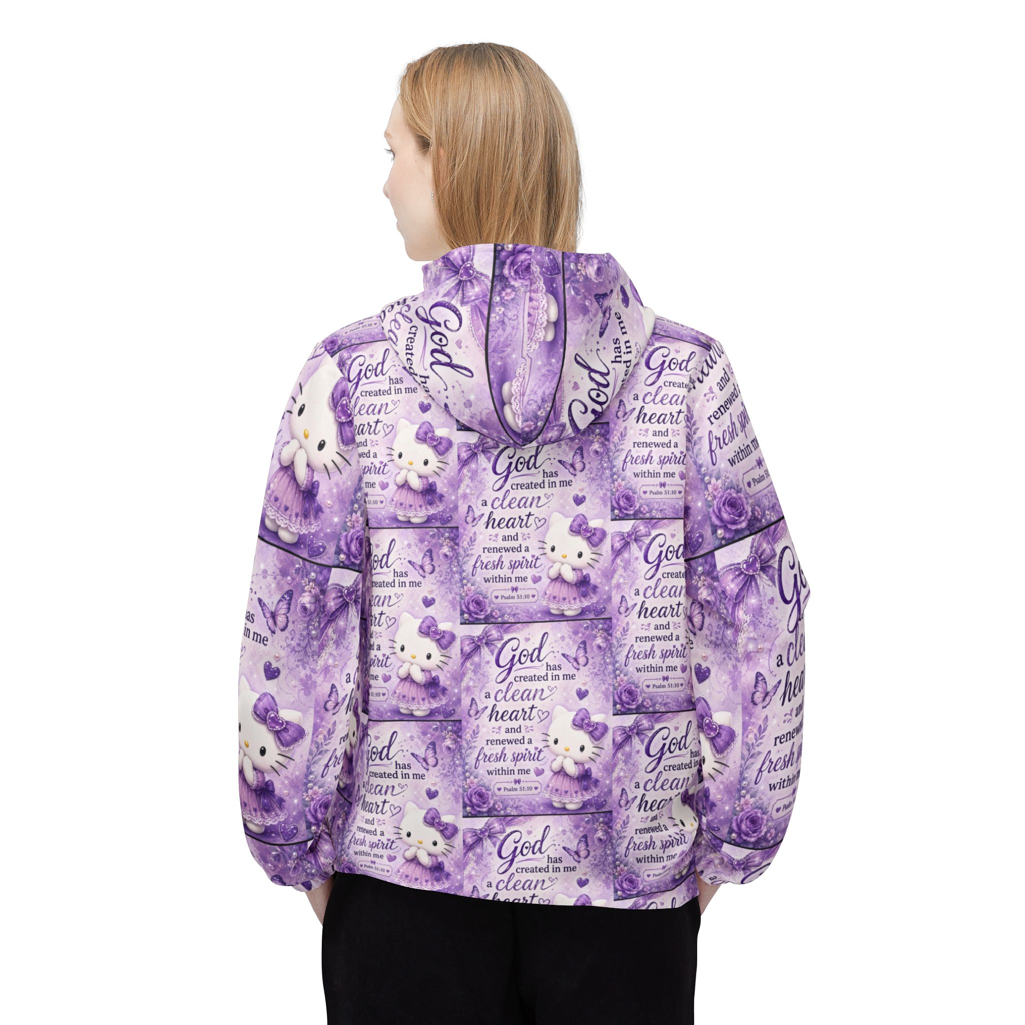 Purple Christian Windbreaker Jacket — "God created in me a clean heart" All-Over Print - Image 4