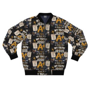 Christian Bomber Jacket — "My Faith Jesus A+" All-Over Print