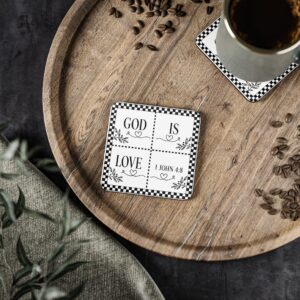 God Is Love Coasters – 1 John 4:8 Ceramic Drink Coaster Set, Black & White Farmhouse Religious Home Decor