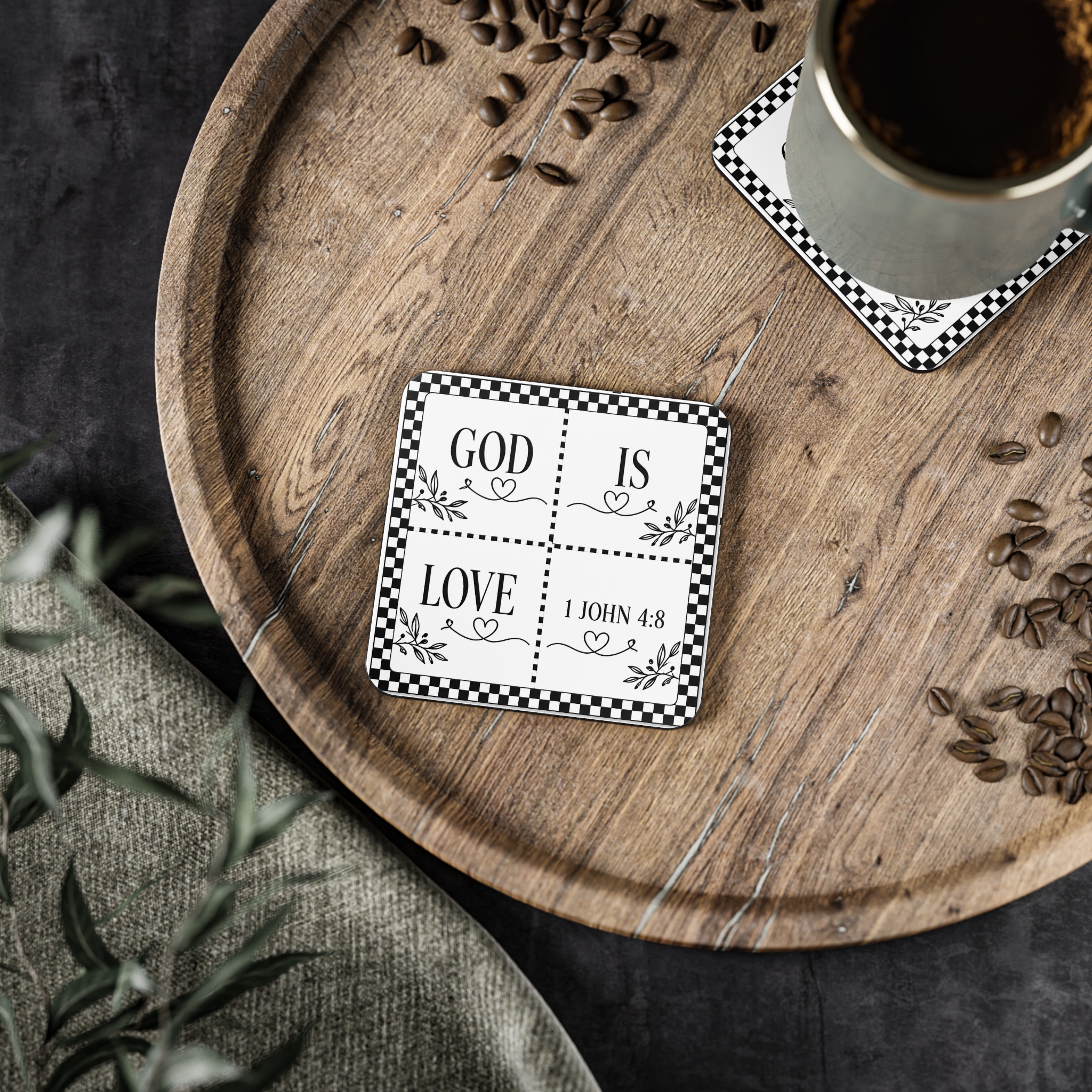 God Is Love Coasters – 1 John 4:8 Ceramic Drink Coaster Set, Black & White Farmhouse Religious Home Decor