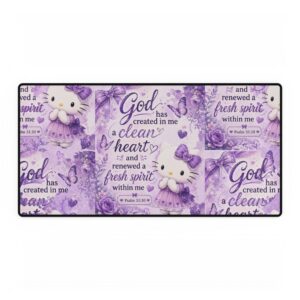 Hello Kitty Faith Desk Mat — Purple Bible Verse Desk Pad (“God has created in me a clean heart” )