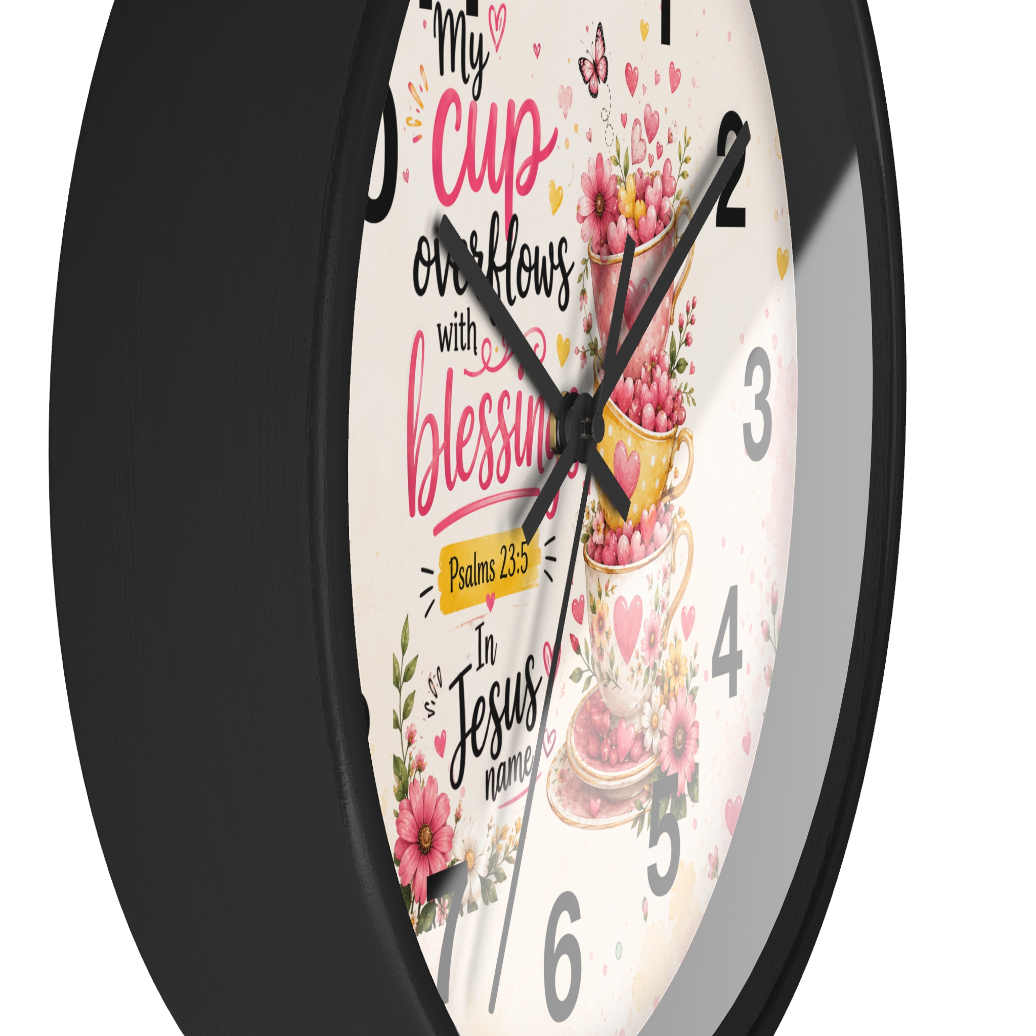 Wall Clock — "My Cup Overflows with Blessings" Floral Christian Scripture Clock (Psalms 23:5) - Image 2
