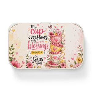 Bento Lunch Box — "My Cup Overflows with Blessings" Floral Scripture Design