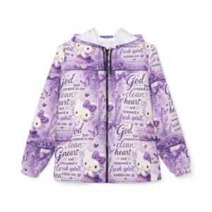 Purple Christian Windbreaker Jacket — "God created in me a clean heart" All-Over Print