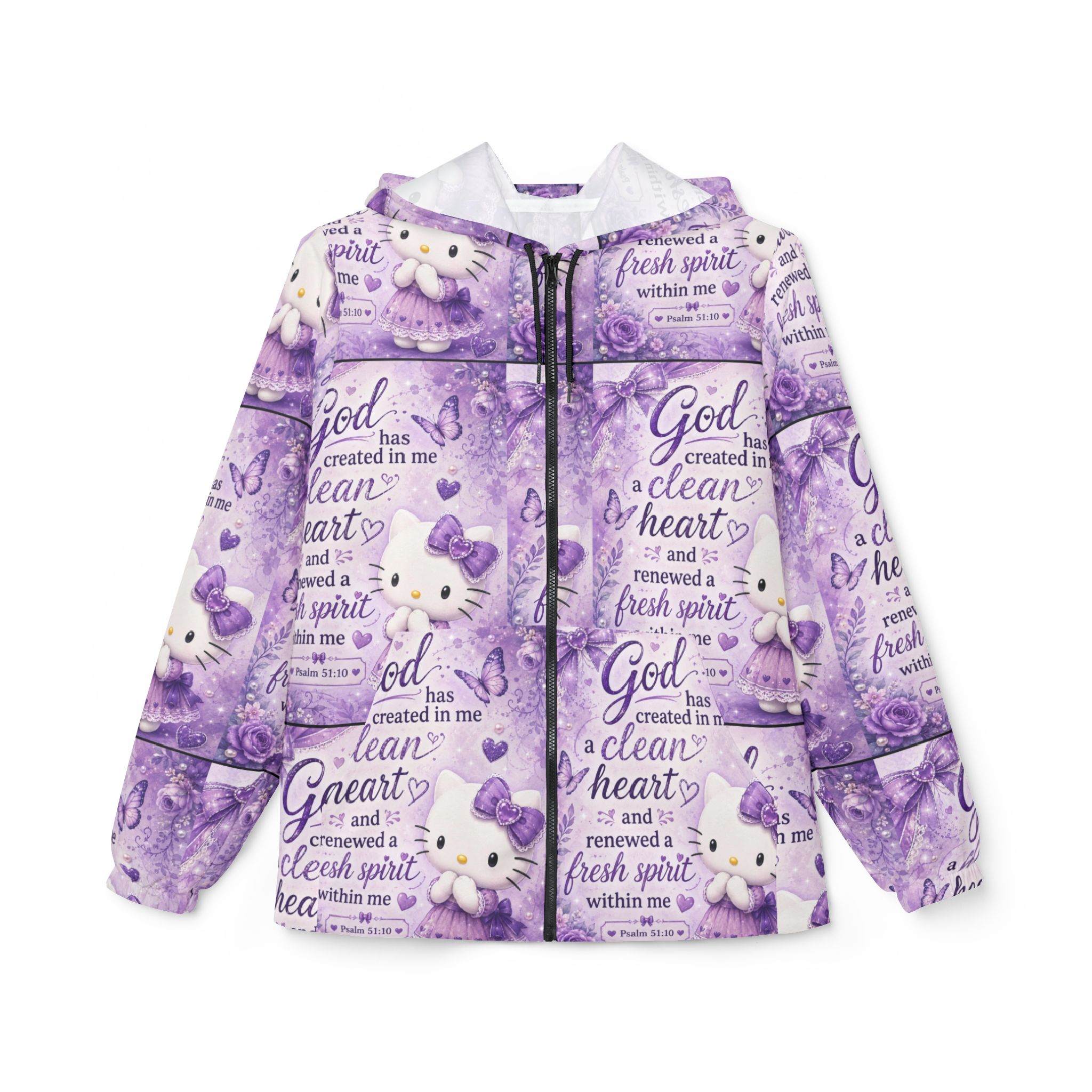 Purple Christian Windbreaker Jacket — "God created in me a clean heart" All-Over Print