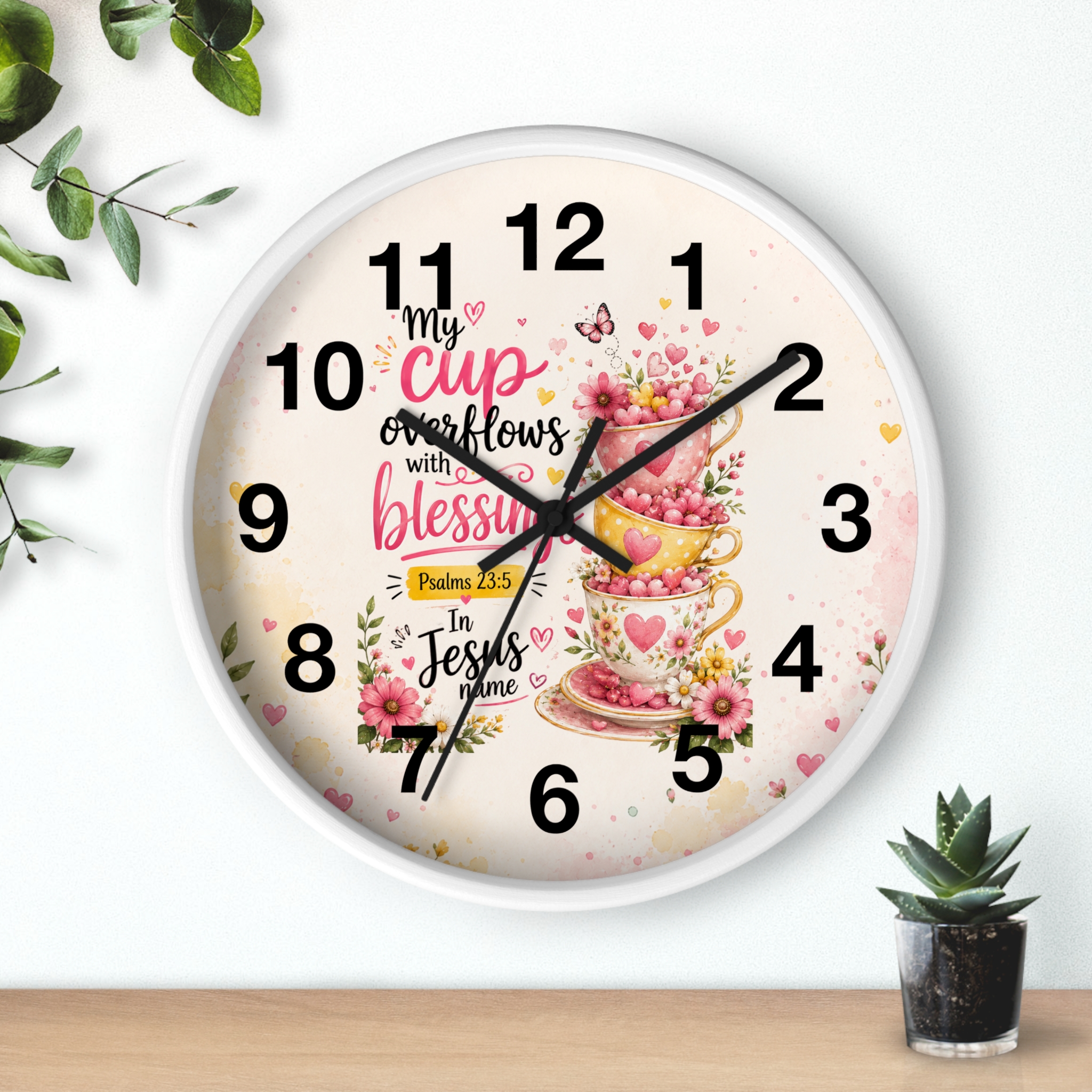 Wall Clock — "My Cup Overflows with Blessings" Floral Christian Scripture Clock (Psalms 23:5) - Image 6