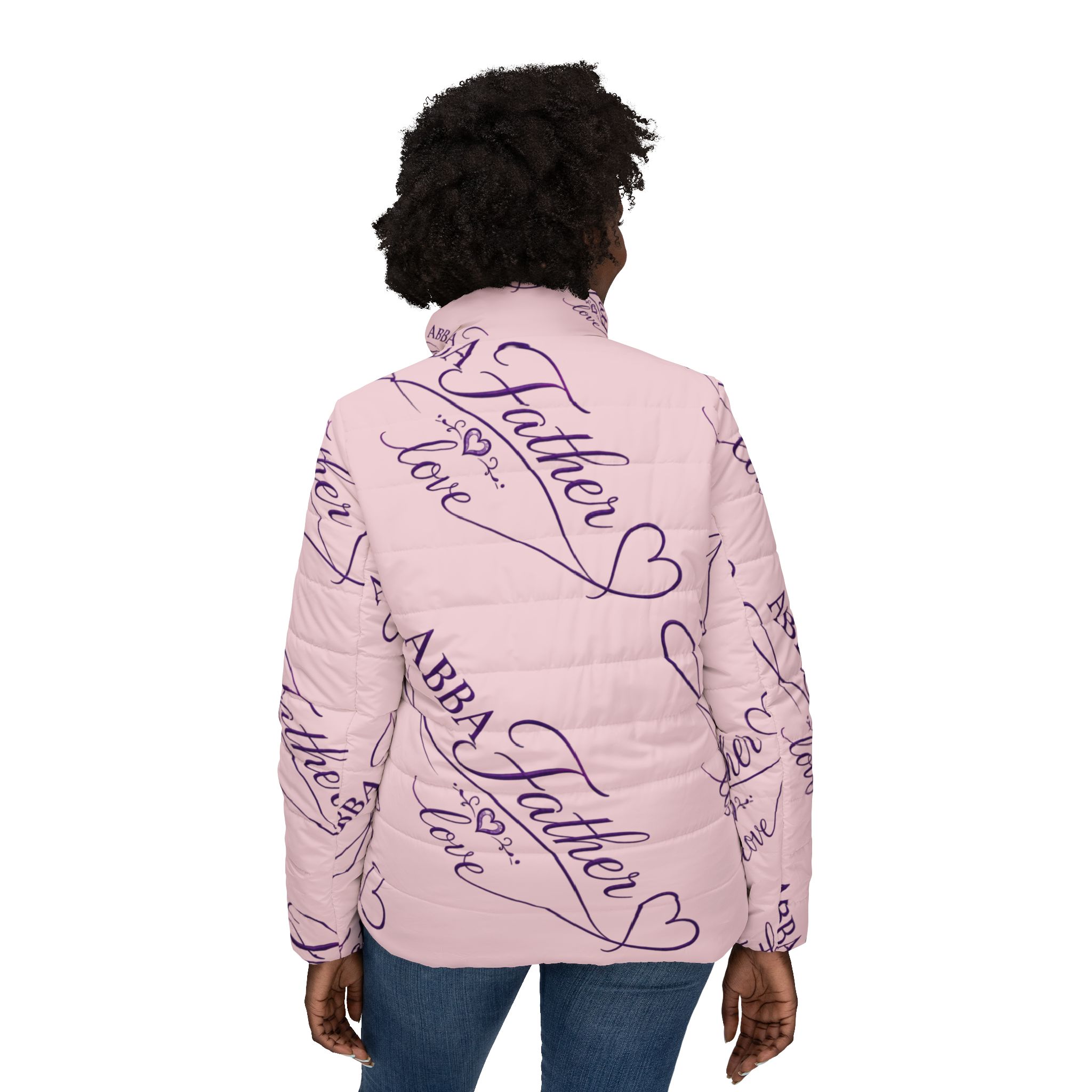 Pink ABBA Father Women’s Puffer Jacket — ’ Heart Design - Image 4