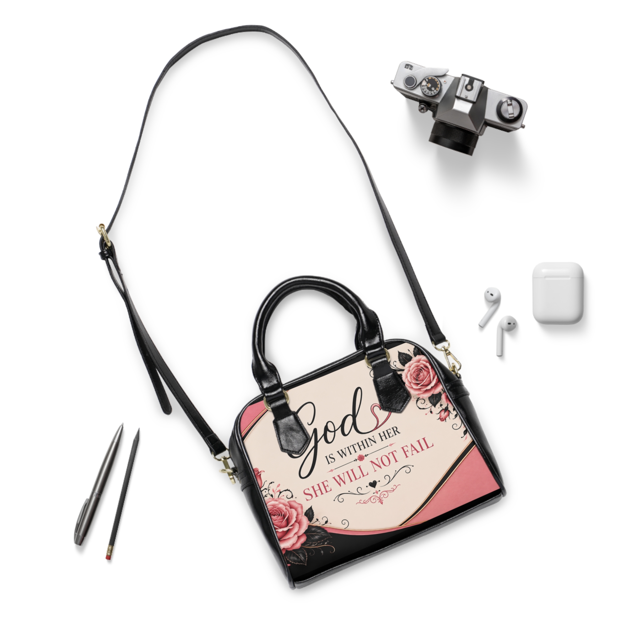 Shoulder Handbag — 'God Is Within Her, She Will Not Fail' Floral Cross Inspirational Purse - Image 3