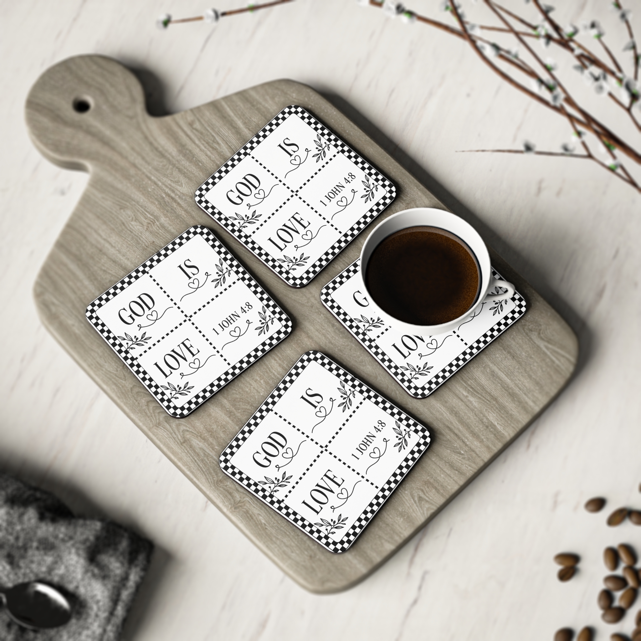 God Is Love Coasters – 1 John 4:8 Ceramic Drink Coaster Set, Black & White Farmhouse Religious Home Decor - Image 4