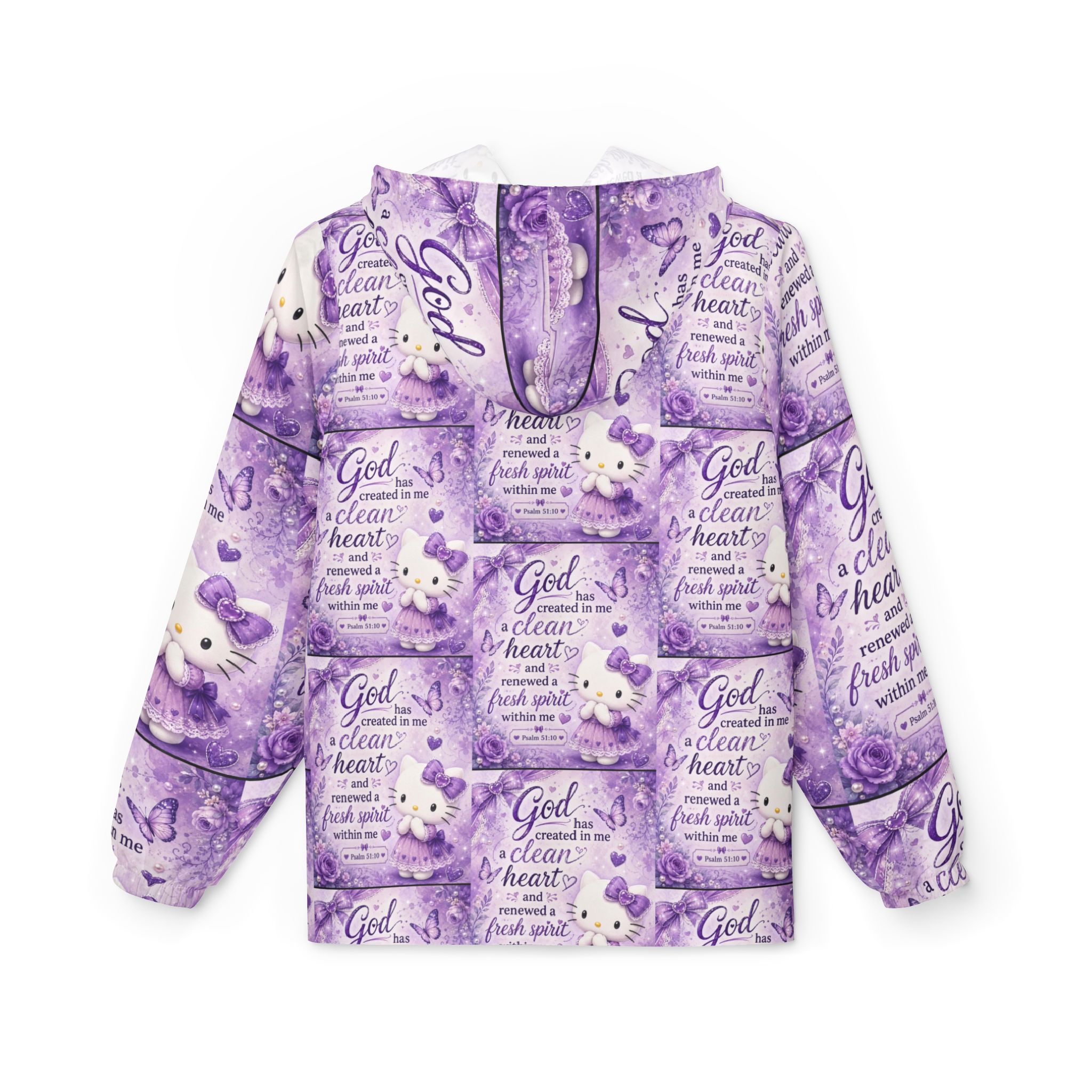 Purple Christian Windbreaker Jacket — "God created in me a clean heart" All-Over Print - Image 2
