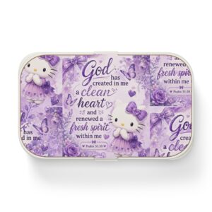 Purple Hello Kitty Bento Lunch Box — "God has created in me a clean heart" Inspirational Kids Lunchbox