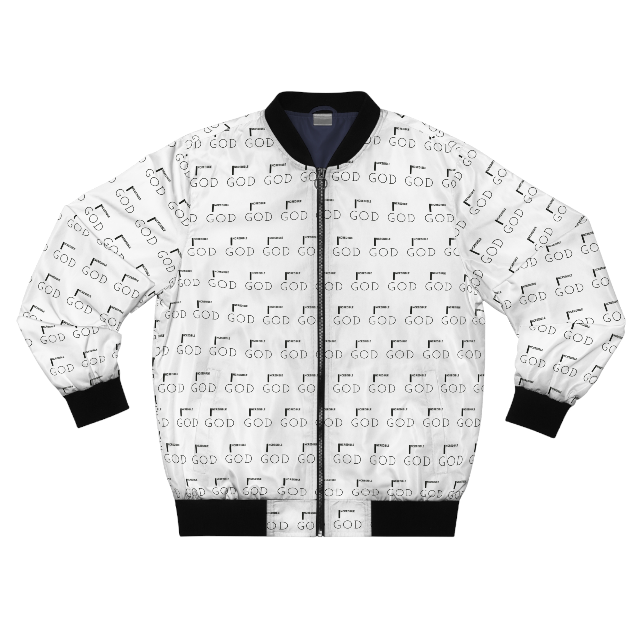 God Repeat Bomber Jacket — White All-Over Print Religious Statement Jacket - Image 2